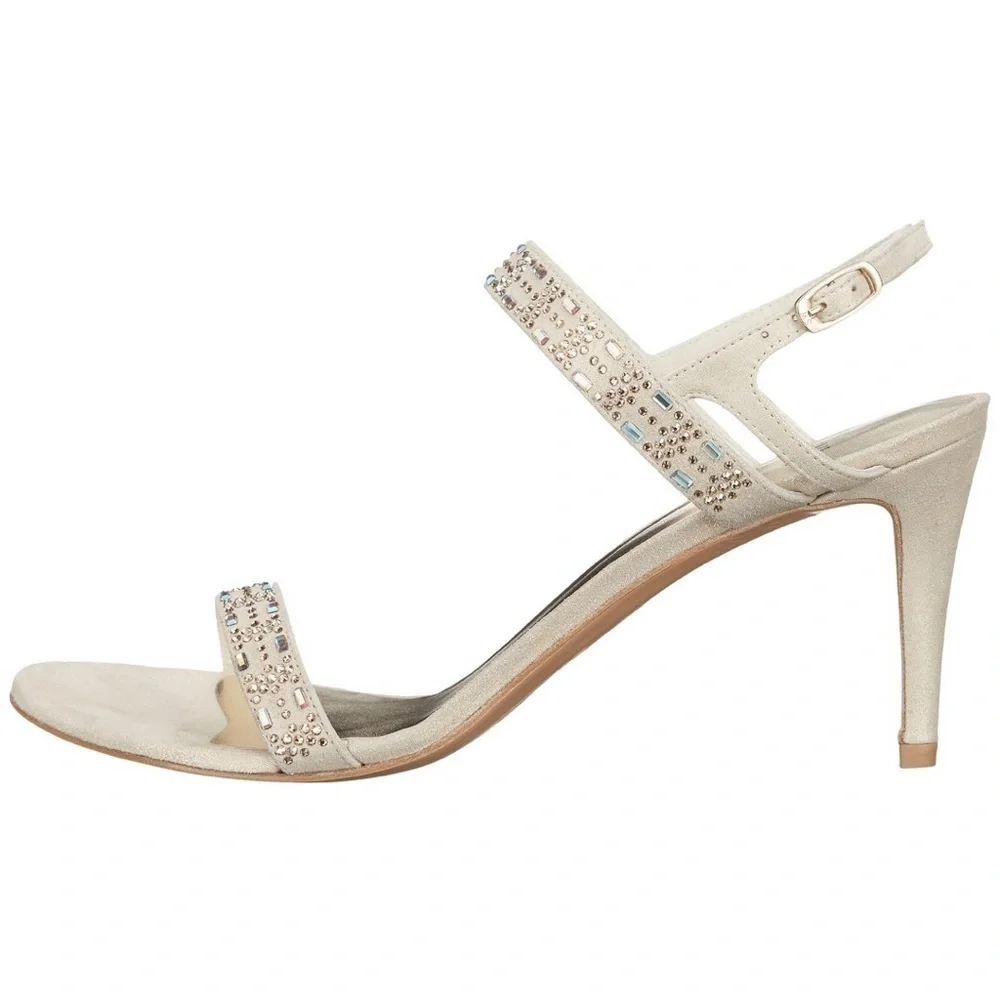 💕STUART WEITZMAN💕 Fireplace Sandal Ankle Strap Heels Light Gold Jewels 9.5